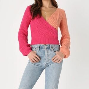 Lulu's Double This Pink Colorblock Crop Cotton Sweater NEW